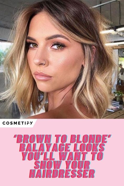 Specifically, we can’t get enough of the ‘brown to blonde’ balayage looks. That’s why we’ve rounded up our favourite styles to give you the ultimate inspo. So, get screenshotting and make sure you take these pics to your next appointment. Reverse Balayage Blonde To Brown Short Hair, Dark Brown To Blonde Balayage Short Hair, Brown With Blonde Tips, Brown Roots Blonde Hair Balayage, Short Hair Blonde Balayage, Bronde Balayage Short Hair, Lived In Blonde Balayage Dark Roots, From Blonde To Brown, Dark Brown To Blonde Balayage