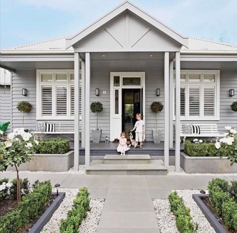 Symmetrical House Exterior, Grey Weatherboard House, Symmetrical House, Front Entrance Decor, Gray House Exterior, Weatherboard House, Porch Landscaping, House Patio, House Paint Color Combination