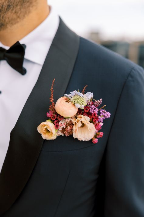 Pocket boutonniere with multi-colored flowers and textures.  Pink, purple, and cream flowers Wearable Florals, Boutineer Wedding, Wave Hotel, Jersey Shore Wedding, New Jersey Shore, Floral Pocket Square, Groom Style Wedding, Blue Hyacinth, Blue Tuxedo