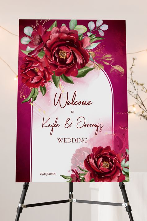 Burgundy flowers modern arch wedding welcome sign Modern Arch Wedding, Sarees For Girls, Ring Ceremony, Rings Ceremony, Arch Wedding, Burgundy Flowers, Wedding Welcome Sign, Graduation Day, Wedding Welcome Signs