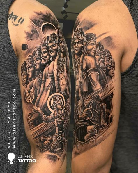 Dashavatara refers to the 10 avatars of Vishnu, the Hindu god of preservation. Vishnu is said to descend in the form of an avatar to restore cosmic order. These avatars play a major role in shaping human evolution through centuries. Do you know the names of the 10 avatars? Comment below! Tattoo by Vishal Maurya (@vishalmaurya068) at Aliens Tattoo India (@alienstattooindia) #tattoo #tattoos #alienstattooindia #alienstattoo #vishnu#tattoolovers #tattooartist #tattooinspiration#tattoostudioinind Lord Vishnu Tattoo, Vishnu Tattoo, 10 Avatars, Tatto Designs, Aliens Tattoo, Tattoo Special, Trishul Tattoo Designs, Trishul Tattoo, Mahadev Tattoo