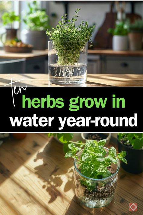 Growing herbs indoors has never been easier! Forget about messy soil or a green thumb; all you need is water, a few glass jars, and some sunlight to turn your kitchen into a mini herb garden.  This method, known as hydroponic gardening, is not only space-saving and clean but also incredibly effective.  So, if you need herb garden ideas, here are ten herbs you can grow in water all year long, adding freshness and flavor to your dishes without a trip to the grocery store! Hydroponic Herbs Indoor, Herbs You Can Grow In Water, How To Grow Herbs Indoors, Growing Herbs In Water, Beautiful Sunrooms, Herbs In Water, Apartment Herb Gardens, Growing Herbs Inside, Hydroponic Herb Garden