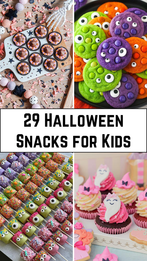 A display of 29 Halloween-themed snacks for kids, including colorful monster marshmallow pops, spider-shaped crackers, and ghost-shaped fruit cups, all arranged on a festive Halloween table with decorations like pumpkins, spider webs, and skeletons Easy Halloween Snacks For Kids School Party, Halloween Fruit Ideas For School, Easy Halloween Snacks For Kids School, Halloween Treats For Kids School, Easy Halloween Snacks For Kids, Kids Halloween Party Treats, Quick Halloween Treats, Easy Halloween Snacks, Halloween Snacks For Kids