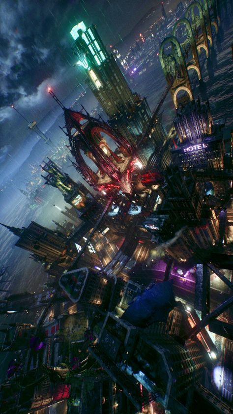 Batman in Gotham Batman Arkham Aesthetic, Gotham City Concept Art, Arkham Knight Aesthetic, Gotham City Art, Gotham City Aesthetic, Gotham Aesthetic, Gotham City Map, Batman Arkham Knight Game, Gotham Batman