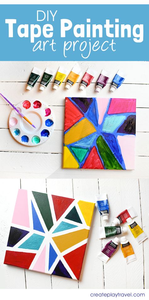 40 Minute Art Projects, Tape And Paint Art, Kindergarten Canvas Painting, Canvas Painting Diy Tape Art Ideas, Easy Group Art Projects For Adults, Crafts With Acrylic Paint Diy Projects, Canvas Projects For Kids, Painters Tape Canvas Art, Crafts With Paint Chips