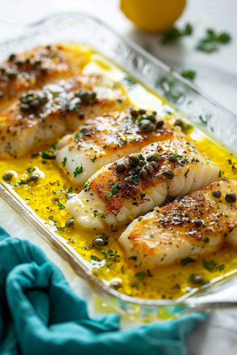 Keto Cod Piccata with Capers and Lemon Butter - I Eat Keto Keto Garlic Butter Fish, Cod Fish Recipes With Capers, Cod Picatta Recipe, Cod With Capers Recipes, Lemon Caper Fish Recipe, Dishes With Capers, Tilapia With Capers And Lemon, Seafood And Veggie Meals, Butter Poached Halibut