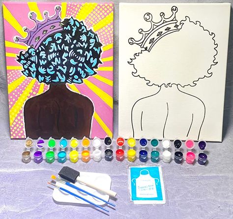 Amazon.com: Canvas Painting Kit | Afro Queen 8x10 Pre Drawn Stretched Canvas Kit | Birthday Gift | Adult Sip and Paint Party Favor | DIY PARTY KIT…: Handmade Paint And Sip Canvas Ideas, Predrawn Canvas For Adults, Paint And Sip Ideas Parties Girls Night, Diy Sip And Paint At Home, Diy Sip And Paint Canvas Ideas, Canvas Painting Party Ideas For Adults, Pre Drawn Canvas For Adults, Sip And Paint Party Ideas, Paint Party Ideas For Adults