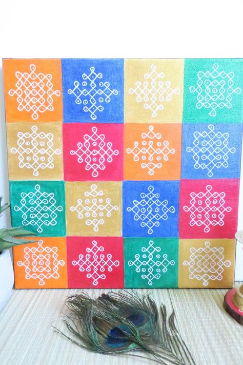 Rangoli Designs South Indian, Kolam Decor Ideas, Rangoli Wall Art, Kolam Art On Canvas, South Indian Wall Decor, South Rangoli Design, Mandir Decorations At Home, Kolam On Wall, South Indian Rangoli Design