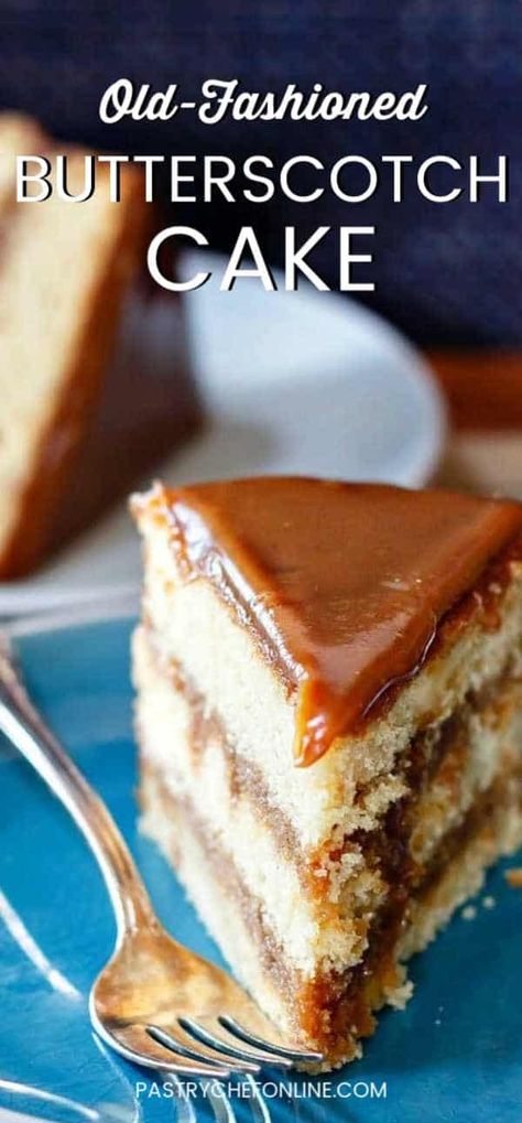 This butterscotch cake is flavored with brown sugar and vanilla and then drenched in butterscotch icing, which is pretty much just soft butterscotch candy poured over the cake. If you like a traditional Southern caramel cake, you will want to try this butterscotch version. Old fashioned cake recipes are good for the soul! #butterscotch #butterscotchcake #oldfasthionedcakerecipes #pastrychefonline Easy Butterscotch Cake, Butterscotch Layer Cake, Old Fashioned Cake Recipes, Butterscotch Buttercream, Butterscotch Icing, Old Fashioned Cake, Southern Caramel Cake, Butterscotch Candy, Butterscotch Cake