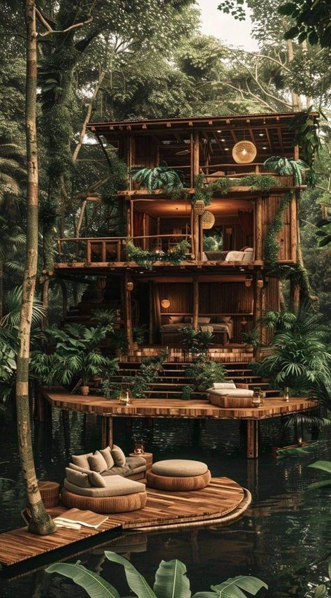 Rainforest Treehouse, Jungle House Aesthetic, Treehouse Aesthetic, Jungle Cabin, Jungle Hotel, Marloth Park, Jungle Villa, Bamboo Village, Azulik Tulum