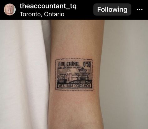 not my tattoo nor my image, just posting for my tattoo inspo board :) if this is yours and you would like me to take this down please message me! done by @ theaccountant_tq at @ theattictattoo Vietnam Stamp Tattoo, Post Card Tattoo, Vietnam Tattoo, Stamp Tattoo, Awesome Tattoos, My Tattoo, Card Tattoo, Tat Ideas, Inspo Board