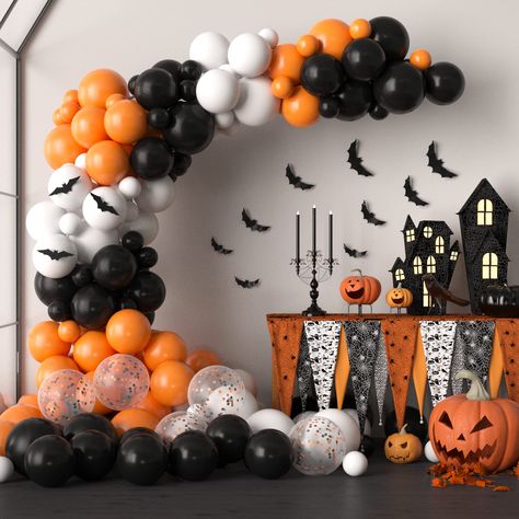 PRICES MAY VARY. Halloween Bat Balloon Garland Arch Kit: 132 PCS Halloween party supplies including 40pcs black balloons, 40pcs orange balloons, 33pcs white balloons, 5pcs black orange confetti balloons, 12pcs 3D PVC bats. It comes with a balloon strip and 100 glue dots for your Halloween party decoration convenience. Perfect Halloween Party Decorations: Happy Halloween balloons garland arch kit are suitable for Halloween theme party decorations such as birthday, baby shower, graduation decorati Bridal Shower Balloon Garland, Halloween Balloon Arch, Bridal Shower Balloon, Party Balloon Arch, Halloween Theme Birthday, Orange Confetti, Classroom Halloween Party, Balloon Wreath, Halloween Balloon