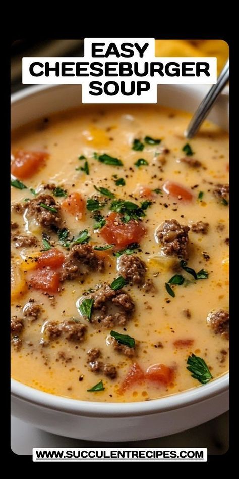 Warm up with this easy-to-make cheeseburger soup. It’s cheesy, filling, and perfect for a chilly day! Easy Cheeseburger Soup, Cheeseburger Soup Recipe, Cheese Burger Soup Recipes, Soup With Ground Beef, Cheeseburger Soup, Spicy Thai, Hearty Soup, Cozy Meals, Recipe Boards