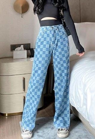 Checkerboard Pants, Chose Outfit, Blue Checkered, Wide Jeans, Loose Pants, Denim Trousers, Casual Style Outfits, Punk Fashion, Minimalist Fashion