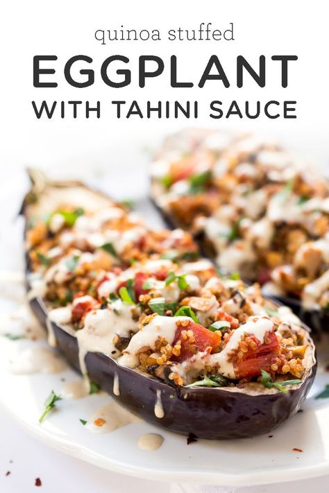 Quinoa Sauce, Eggplant With Tahini Sauce, Eggplant Quinoa, Mediterranean Quinoa, Vegan Eggplant, Stuffed Eggplant, Plats Healthy, Eggplant Recipe, Easy Mediterranean Diet Recipes