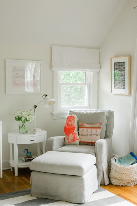 outside mount roman shades Bohemian Nursery Boy, Grey Glider Nursery, Roman Shades Bedroom, Inside Mount Roman Shade, Outside Mount Roman Shades, Roman Shades Living Room, Glider Nursery, Shiplap Nursery, Transitional Nursery