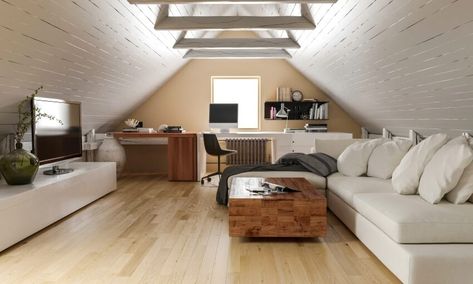 Living Rooms With Slanted Ceilings, Tv On Slanted Wall, How To Decorate Angled Walls, Loft Conversion Games Room, Attic Tv Room, Bedroom Slanted Walls, Decorating Slanted Walls, Slanted Wall Bedroom, Attic Room Ideas