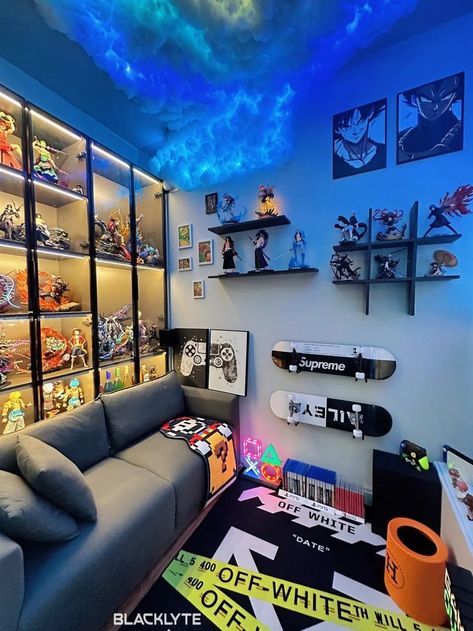 Video Game Room Decor, Games Room Inspiration, Geek Room, Sneakerhead Room, Gamer Bedroom, Small Game Rooms, Nerd Room, Hypebeast Room, Chill Room