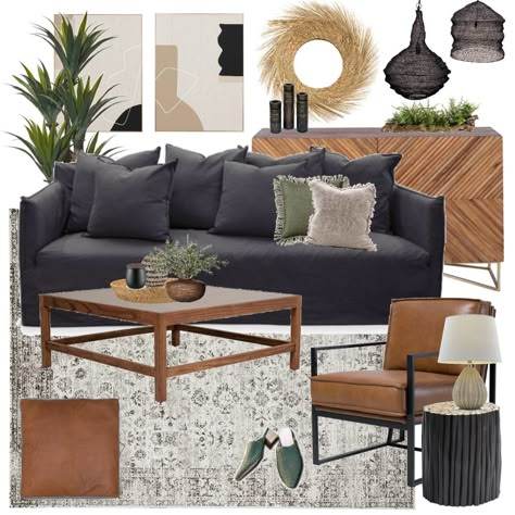 2 Lounges Living Rooms, Black Couch Lounge Room, Dark Grey Couch Living Room Modern, Transitional Living Room Dark Couch, Rustic Living Room Black Couch, Dark Neutral Living Room Modern, Dark Sofa Decorating Ideas, Dark Sofas Living Room Decor Cozy, Black Couch Mid Century Living Room