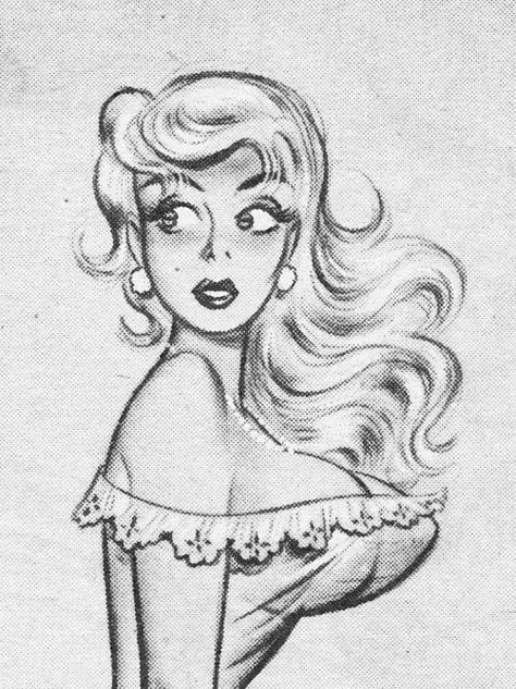 Cartoon Pinups Drawing, Pinup Cartoon Vintage, Pin Up Poses Drawing, 50s Cartoon Style, Cartoons 50s, 50s Cartoon, Castle Cartoon, Pinup Tattoo, Pin Up Cartoons