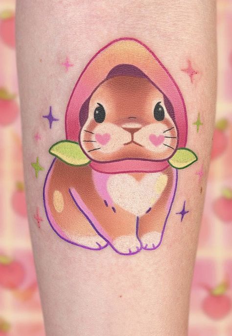 Kawaii Bunny Tattoo, Tiny Kawaii Tattoo, Kawaii Tattoo Ideas, Pastel Tattoo Kawaii, Kawaii Tattoo Sleeve, Kawaii Tattoos, Colorful Kawaii Tattoo, Pastel Tattoo, Rabbit Colors