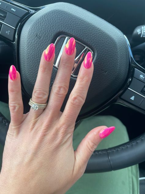 Beach Crome Nails, Nail Ideas For Hot Pink Dress, Nails For A Pink Prom Dress, Hot Pink Prom Nails Almond, Basic Hot Pink Nails, Hoco Nails Hot Pink, Nails To Match Hot Pink Dress, Homecoming Pink Nails, Hot Pink Formal Nails