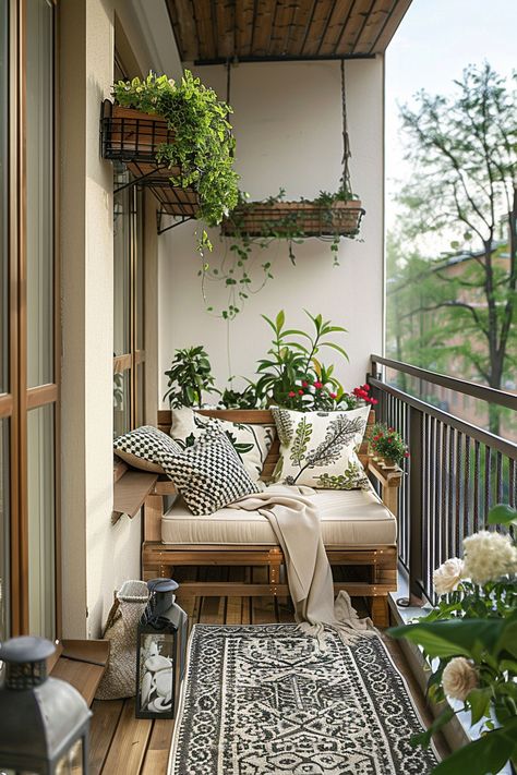 Cozy small balcony seating design featuring lush plants, comfortable pillows, and a stylish rug, perfect for relaxing outdoors. Curved Balcony Ideas, Rental Friendly Balcony Makeover, Small Balcony Seating Ideas, Balcony Bench Ideas, Small Balcony Bench, Small Balcony Furniture Ideas, Cheap Balcony Ideas, Balcony Bench Seating, Small Apartment Porch Ideas