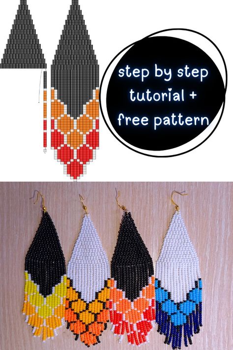 Free Vibrant Beaded Fringe Earrings Pattern & Step-by-Step Tutorial - Style Zuri Beaded Fringe Earring Template, Fringe Earrings Diy Tutorials, How To Make Beaded Earrings, Beaded Earrings Patterns Free, Fringe Earrings Pattern, Fringe Earrings Diy, Brick Stitch Pattern Earring, Seed Bead Patterns Free, Seed Bead Projects