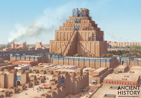 Recreation of the Etemenanki in Babylon (Illustration) - Ancient History Encyclopedia Sumerian Architecture, Babylon City, Ancient Babylon, Monumental Architecture, Gardens Of Babylon, Tower Of Babel, Ancient Mesopotamia, Fantasy City, Fantasy Art Landscapes