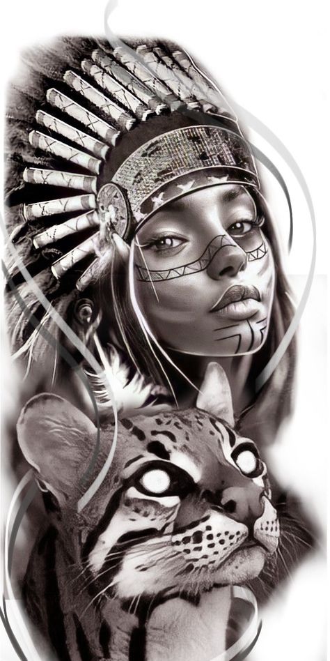 Tato Realis, Indian Girl Tattoos, Realistic Face, Native American Tattoo, Native American Woman, Animal Tattoo Ideas, Native American Tattoos, Native Tattoos, Indian Headdress