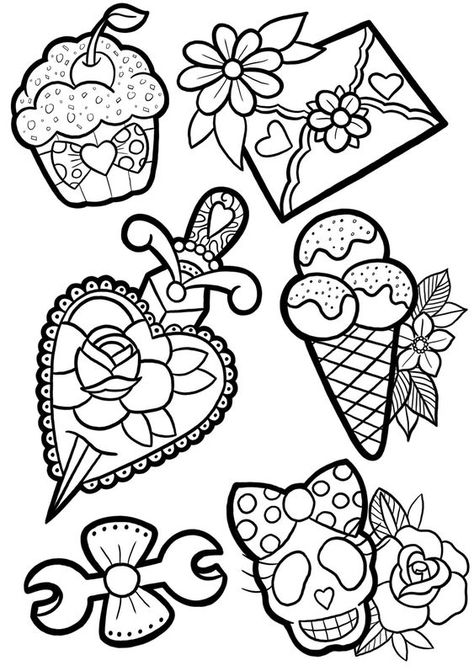 Girly Tattoo Outline, Girly Tattoo Stencils, Flash Coloring Pages, Tattoo Designs Traditional, Tattoo Designs Japanese, Traditional Tattoo Outline, Girly Tattoo, Traditional Tattoo Designs, Abstract Tattoo Designs