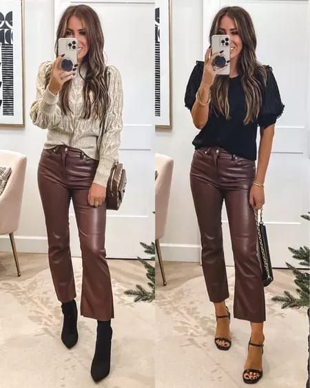 Sneakers And Leather Pants, Cropped Faux Leather Pants, Wine Leather Pants Outfit, Brown Leather Cropped Pants Outfit, Leather Capri Pants Outfit, What To Wear With Brown Leather Pants, Leather Pants Suede Boots, Burgundy Leather Leggings Outfit, Maroon Faux Leather Pants Outfit