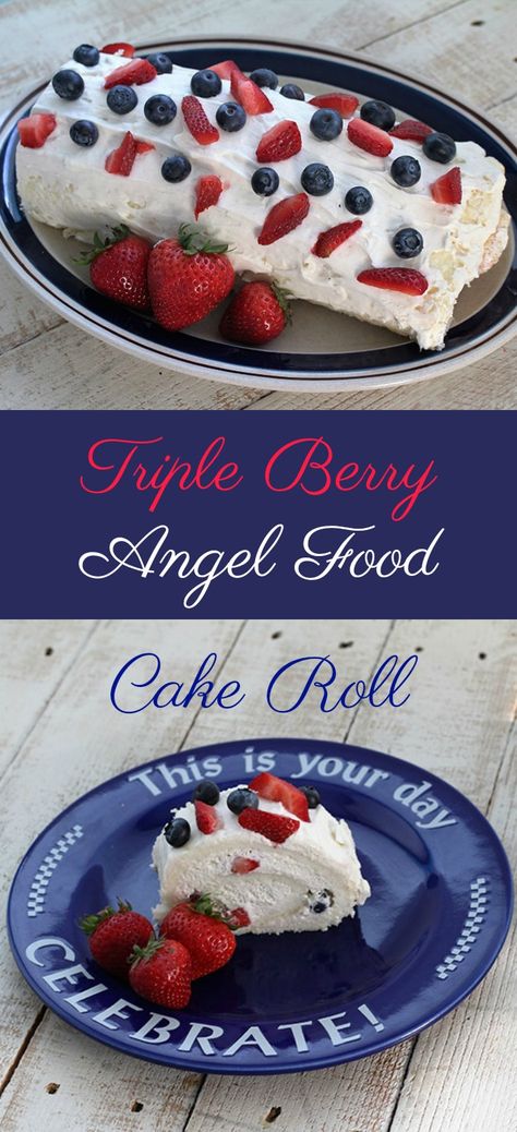 Berry Angel Food Cake, Angel Food Cake Roll, Desserts Fourth Of July, Cream Cheese Whipped Cream, Usa Cake, Angel Food Cake Desserts, Fourth Of July Cakes, Angel Food Cake Mix Recipes, Cake Roll Recipes