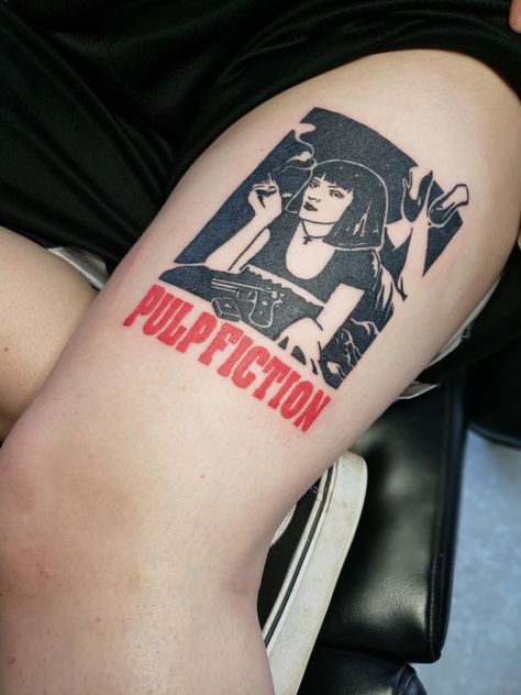 Pulp Art Tattoo, Pulp Tattoo Band, Pulp Fiction Tattoo Ideas, Pulp Fiction Flash Tattoo, Quentin Tarantino Tattoo, Tarantino Tattoo Ideas, Cinema Tattoo Ideas, Pulp Fiction Dance Tattoo, Quinten Tarantino Tattoo