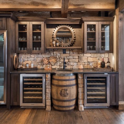 The 15 Coolest Basement Bar Ideas - Rhythm of the Home Basement Bar And Laundry, Basement Remodel Rustic, Bar Room Wall Ideas, Mini Fridge In Basement, Tavern Basement Ideas, Game Room Bar Ideas Basement Designs, Basement Bar Sink Ideas, Bourbon Bar Basement, Western Basement Bar