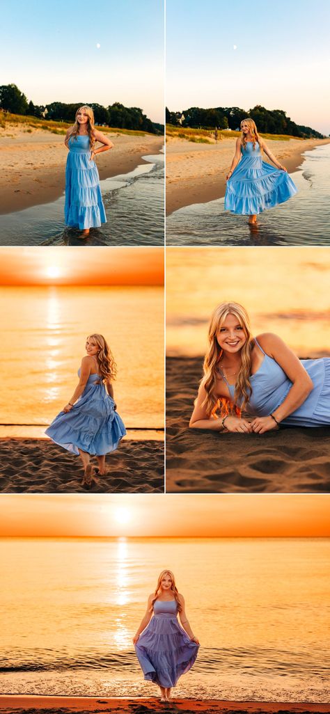 Sunset Lake Senior Pictures, Beach Poses Senior Pictures, Beach Shoot Ideas Photoshoot, Lake Senior Pictures, Pretty Senior Pictures, Mission Photos, Beach Senior Pictures, Senior Year Ideas, Lake Michigan Beach