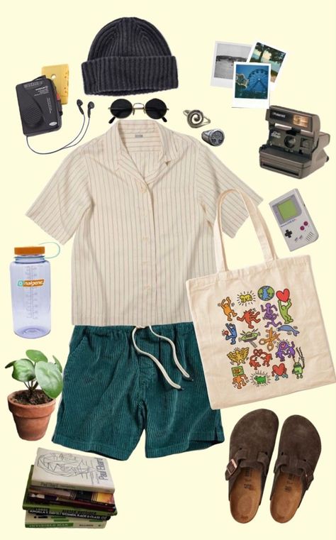 Masc Picnic Outfits, Indie Outfits Men Summer, Obx Outfits Men, Summer Camp Outfits Men, Earthy Summer Outfits Men, Picnic Outfit Ideas Men, Indie Boy Summer Outfit, Men’s Hippie Fashion, Warm Weather Outfits Men