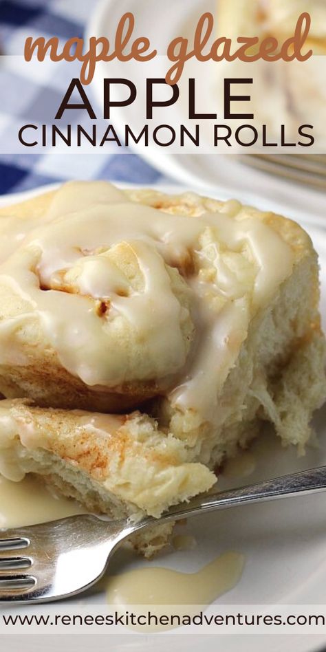 Apple Cinnamon Rolls with Maple Glaze by Renee's Kitchen Adventures is a super easy yeast dough recipe  for big, soft, and fluffy cinnamon rolls studded with fresh apples and covered in a delicious maple glaze! So good!!! Easy recipe even a first time baker can follow ! #Bakeityourself #Homemadecinnamonrolls #RKArecipes #Ad Apple Twist, Cinnamon Rolls From Scratch, Maple Recipes, Rolls Homemade, Cinnamon Roll Recipe Homemade, Fluffy Cinnamon Rolls, Cinnamon Roll Recipe, Apple Cinnamon Rolls, Sweet Breakfast Treats