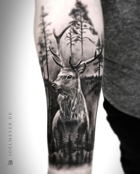 ᴊ ᴏ ᴇ ʟ ᴍ ᴇ ʏ ᴇ ʀ sur Instagram : Today was fun! 🦌🌲 • • • • • #deer #deertattoo #forest #foresttattoo #tattoo #ink #inked #tattooed #tattooartist #tattooart #art #tattoolife… Forest Tattoo Sleeve, Deer Tattoo Designs, Stag Tattoo, Tattoo Black And Grey, Hunting Tattoos, Cool Shoulder Tattoos, Animal Sleeve Tattoo, Buddha Tattoos, Deer Forest