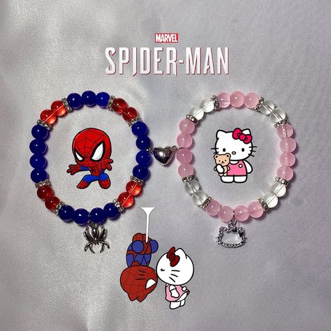 ~* SPIDERMAN MATCHING BRACELETS *~ ——> Available in shop linked in Bio - - - - #spiderman #milesmorales #beadedbracelets #charmbracelets #bracelets #jewelry #smallbusiness #braceletsbymar Hello Kitty And Spiderman Bracelet, Spiderman Beaded Bracelet, Spiderman Bracelet, Disney Bookmarks, Pulseras Ideas, Ideas Pulseras, Girly Bracelets, Bracelet Business, Bracelet Matching