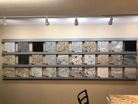 Check out some of our granite samples displayed in our showroom! Which one is right for your home? Granite Display Ideas, Granite Showroom, Granite Samples, Exhibition Room, Showroom Display, Showroom Interior Design, Display Unit, Cartoon Pictures, Showroom Design