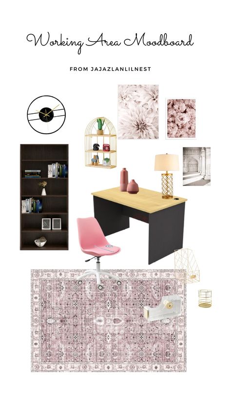 Pink, black and gold color Black Office Desk, Black Office Decor, Office Desk Ideas, Beige Office, Feminine Office, Work Office Decor, Black Office, Modern Boho, Working Area