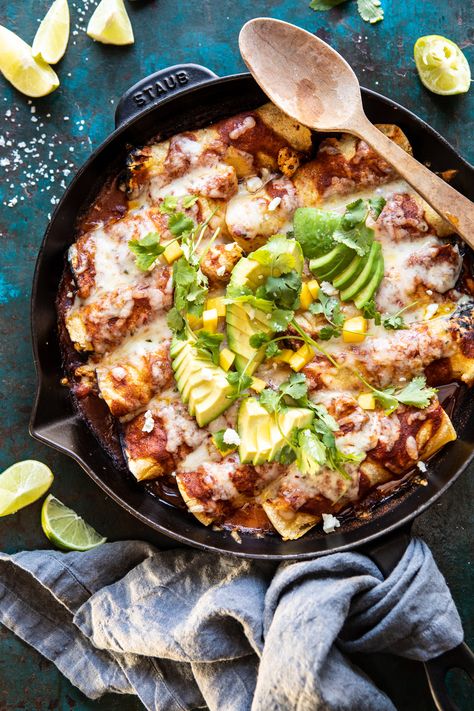 Sharing my vegetarian twist on a classic Mexican dish with these Chipotle Cheddar Cauliflower Black Bean Enchiladas. I swapped the meat for cauliflower, but kept them authentic with smoky chipotle powder, hearty black beans, and plenty of cheddar cheese. Super easy, require just 1 sheet pan, 1 baking dish, and 1 hour! Cauliflower Black Bean, Cheddar Cauliflower, Half Baked Harvest Recipes, Black Bean Enchiladas, Bean Enchiladas, Red Enchilada Sauce, Harvest Recipes, Half Baked, Enchilada Recipes