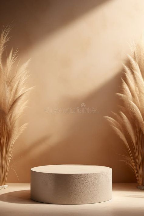 Podium with pampas grass. Mock up for product, cosmetic presentation. Natural colors. Platform for beauty products stock photography Studio Background Ideas, Instagram Template Free, Eyewear Shop, Studio Background, Editing Tutorials, Pampas Grass, Natural Color, Instagram Template, Stock Photography