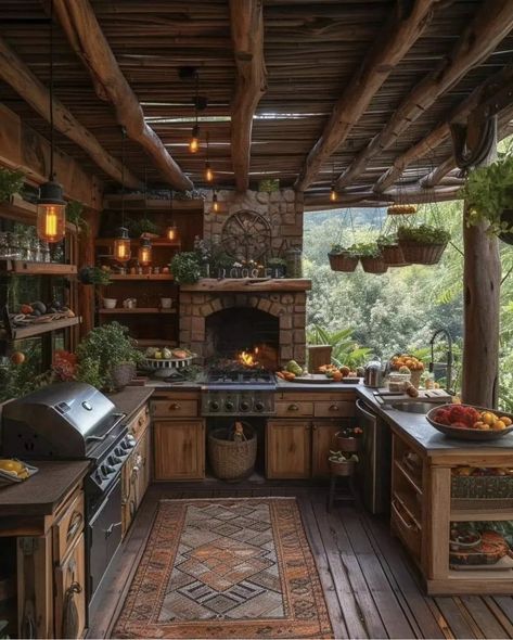 Dream Outdoor Kitchen, Greenhouse Kitchen, Log Home Designs, Outdoor Bath, Outdoor Kitchen Patio, Hacienda Style, Rustic Home Design, Outdoor Decor Backyard, Interior Modern