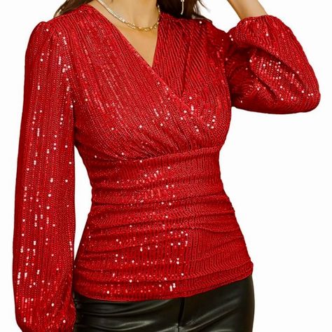 Nwt Grace Karin Sequin Long Sleeve Surplice Top. Ruched Sides, V Neck, Side Zip. Fully Lined, Comfortable, Flattering And Versatile. Pair With Jeans For A Rockin’ Night Out, Or Dress Up With A Velvet Skirt. Elegant Red Sequined Blouse Piece, Red Sequin Blouse, Festive Red V-neck Top, Glamorous Red Sequin Top, Red V-neck Evening Tops, Sequin Peplum Top, Red Sequin Top, Cowl Neck Tunic, Surplice Top