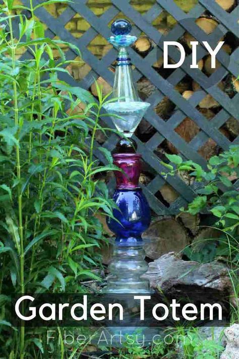 Garden Totem  Learn how to make a Glass Art Totem Pole with inexpensive thrift store items. A step by step tutorial by FiberArtsy.com #yardart #gardenart #gardenideas #diy #diygarden #diytotem #totem Grand Vase Transparent, Diy Totem, Glassware Garden Art, Garden Totem, Garden Figures, Garden Totems, Statue Art, Glass Garden Art, Garden Nursery