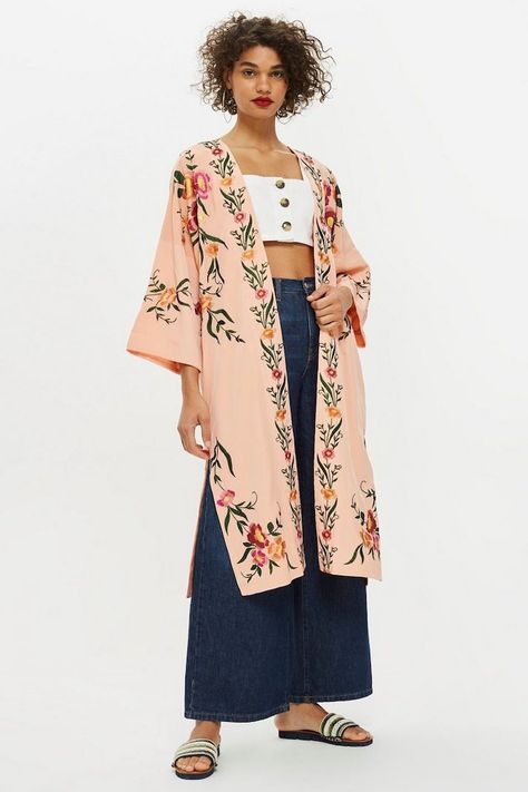 STYLECASTER | 21 Embroidered Kimonos to Wear on a Breezy Summer Day | Pink Floral Embroidered Kimono, $98 Kimono Outer Outfit, Outer Outfit, Kimono Outer, Summer Outerwear, Kimono Floral, Mode Kimono, Summer Coats, Embroidered Kimono, Moroccan Fashion