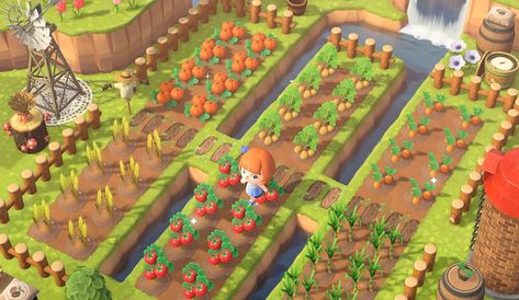 Animal Crossing Vegetable Garden Ideas, Potager Animal Crossing New Horizon, Animal Crossing Orchard Layout, Animal Crossing Natural Island, Animal Crossing Vegetable Garden, Acnh Farm Design Code, Acnh Garden Layout, Animal Crossing Farm Ideas, Acnh Neighborhood Designs Layout