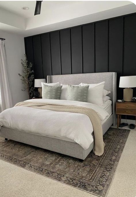 Charcoal Feature Wall Bedroom, Black Wall Grey Headboard, Peppercorn Bedroom Walls, Diy Bedroom Wall Ideas, Light Grey Accent Wall Bedroom, Soft Bedroom Aesthetic Master, Master Feature Wall, Dark Gray Accent Wall Bedroom, Charcoal Accent Wall Bedroom